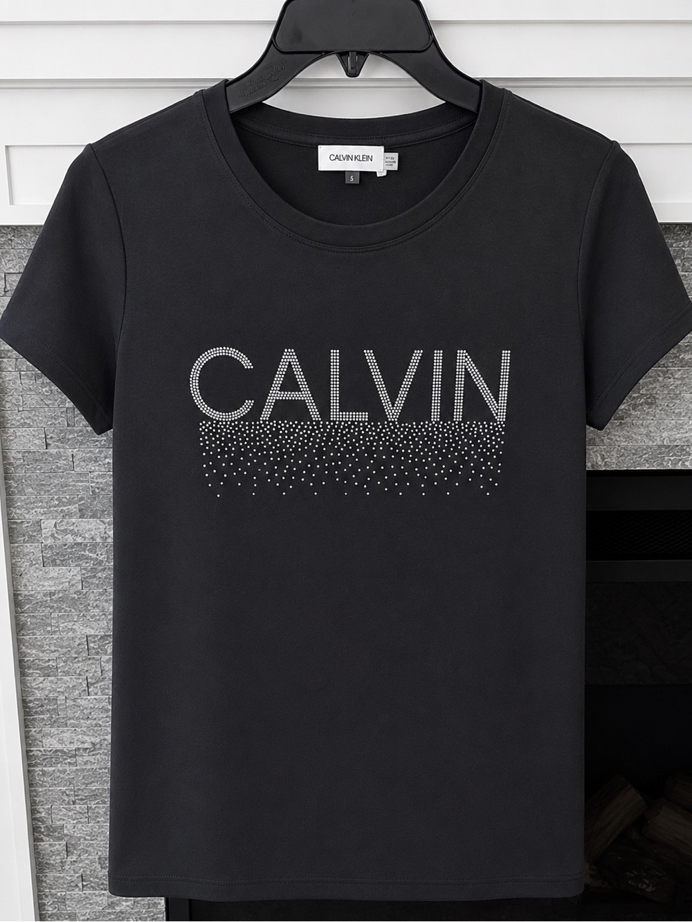 Top Calvin Klein Exercise Women’s Black Short Sleeve Silver Sparkle Studded Logo